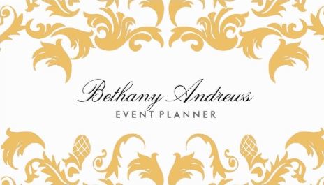 Elegant Gold and White Damask Event Planner Business Cards
