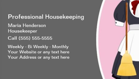 Cute Maid Outfit With Broom Pink Accent Housekeeping Business Cards