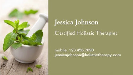 Elegant Green Leaf Mortar and Pestle Holistic Therapy Business Cards