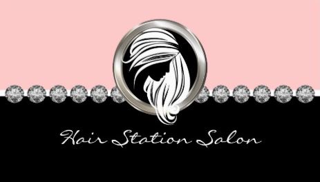 Pink and Black Diamond Rhinestone Woman Silhouette Hair Salon Business Cards