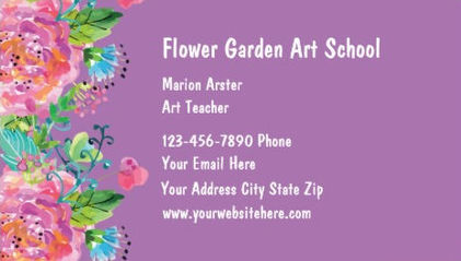 Pretty Pink and Purple Floral Art School For Teacher Business Cards