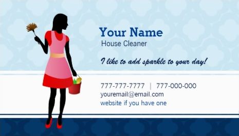 Girly Maid With Pink Dress Blue Background House Cleaner Business Cards