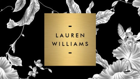 Elegant Black Floral Design With Gold Name Logo Business Cards