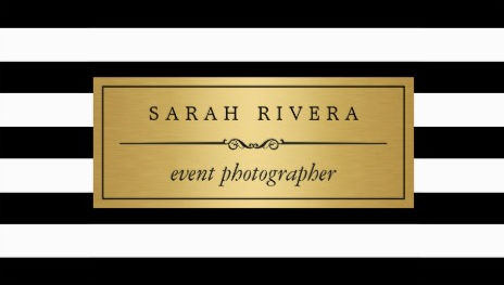 Event Photographer Modern Black and White Stripes Gold Box Business Cards