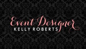 Elegant Black on Black Damask Pink Script Event Designer Business Cards 