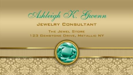 Faux Emerald Green Gemstone Metallic Gold Damask Business Cards