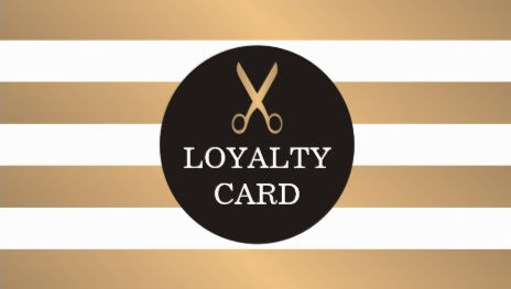 Trendy Copper Striped Scissors Logo Grey Hair Salon Loyalty Business Cards