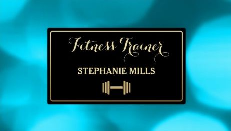 Luxury Gold Weight Logo Aqua Blue Bokeh Fitness Trainer Business Cards