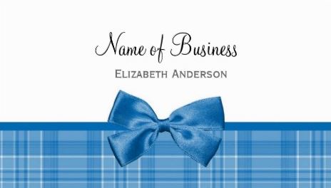 Country Style Plaid Pattern With Girly Blue Ribbon Bow Business Cards