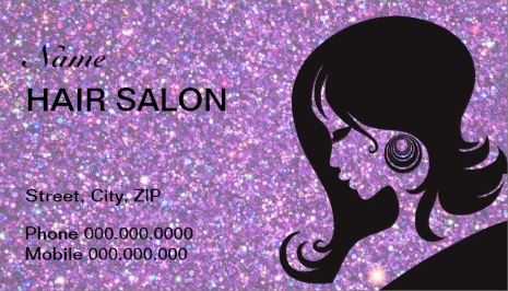 Glitzy Purple Sparkle and Glitter Woman Silhouette Hair Salon Business Cards