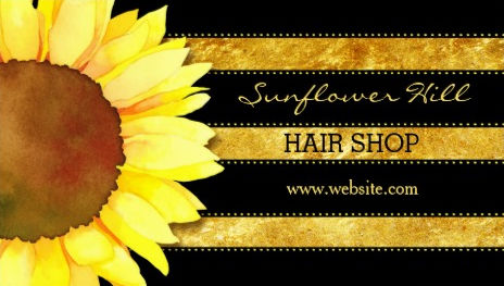Modern Black and Gold Yellow Sunflower Hair Shop Business Cards
