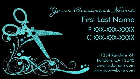 Teal and Black Glitter Swirl Scissors Hair Cutting Shears Stylist Business Cards