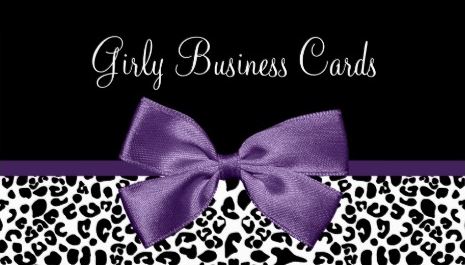 Girly Black and White Leopard Print Trendy Purple Ribbon Business Cards