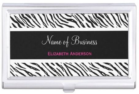 Trendy Black and White Tiger Stripes Pink Name Business Card Case
