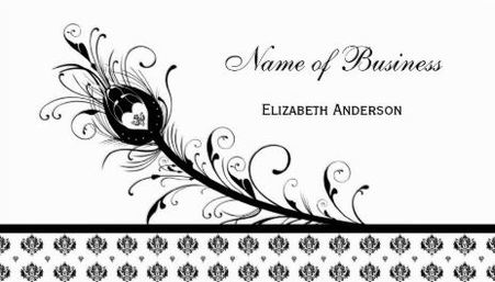 Elegant Black and White Damask Peacock Feather Business Cards 