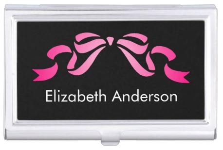 Personalized Girly Pink and Black Bow With Name Business Card Case
