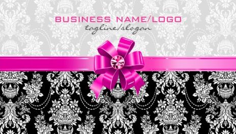 Black and White Floral Damasks With Fancy Pink Bow and Bling Business Cards 