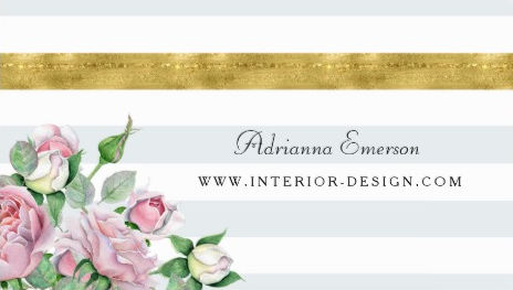 Chic Pink Rose Floral Faux Gold Stripe Interior Designer Business Cards
