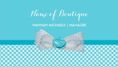 Girly Boutique Aqua Gingham Cute Pearls Rose Bow Business Cards