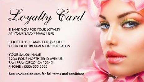 Beautiful Woman in Floral Pink Beauty Salon Loyalty Business Cards