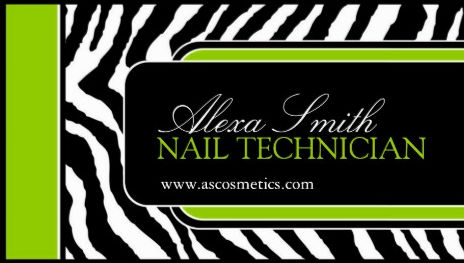 Modern Lime Green Accents on Trendy Zebra Print Nail Technician Business Cards