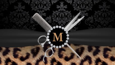 Chic Monogram Leopard Print Comb and Shears Hairstylist Business Cards