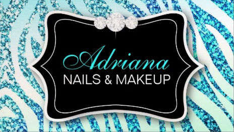 Glamorous Aqua Glitter Zebra Print With Bling Nails and Makeup Business Cards