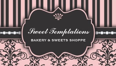 Elegant Pink Damask and Vintage Stripes Bakery Business Cards