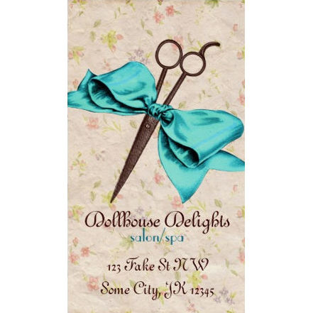 Vintage Girly Hair Stylist Blue Bow Floral Shears Business Cards