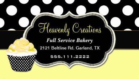 Chic and Girly Cupcake Yellow and Black Polka Dots Custom Bakery Business Cards