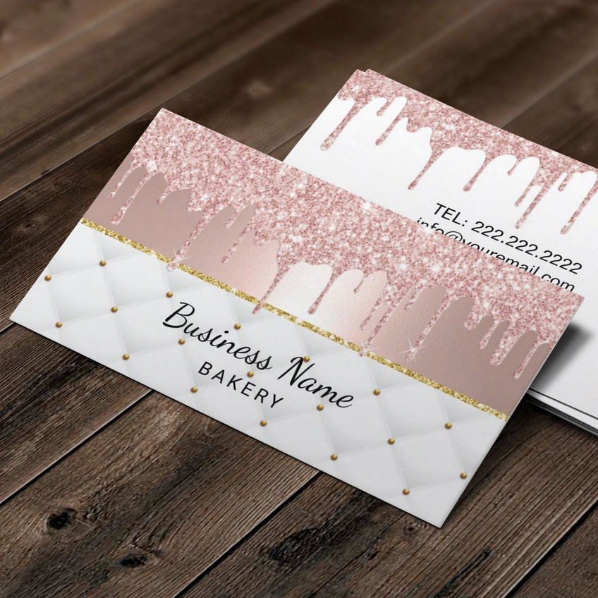 Modern Pink Glitter Paint Drips on White Diamond Tuck Business Cards