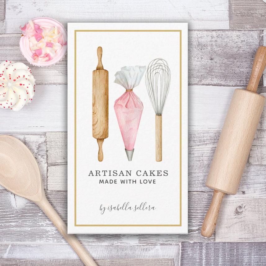 Bakery Pastry Chef Pink Watercolor Baking Utensils Business Cards