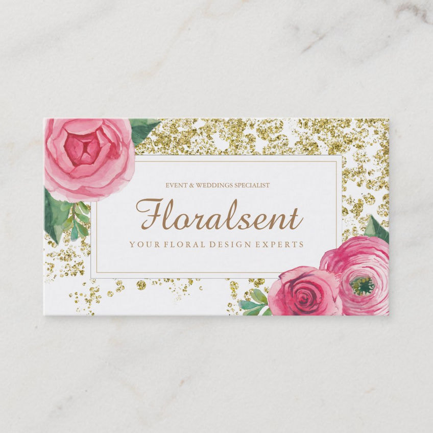 Beautiful Pink Floral With Glamorous Gold Glitter on White Business Cards
