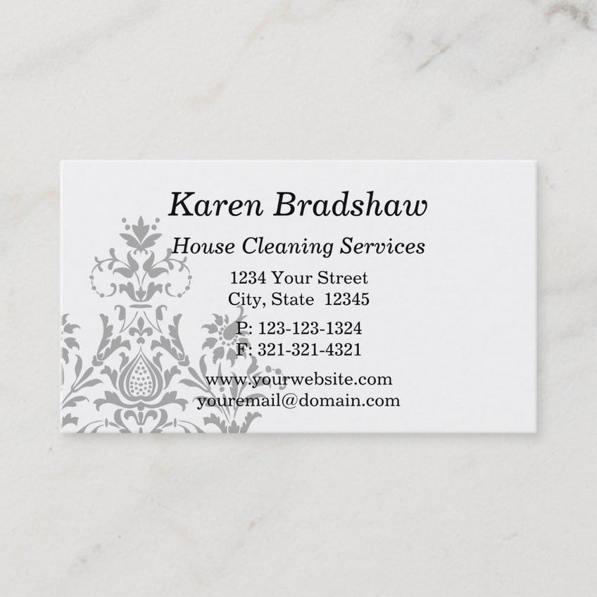 Elegant Black and Gray Damask House Cleaning Services Business Cards