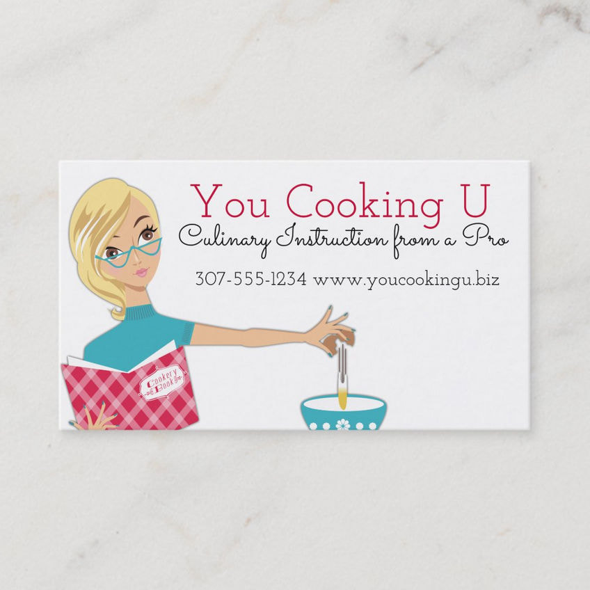 Culinary Instruction Blond Woman Cracking Eggs Cookbook Business Cards