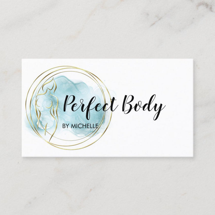 Personal Fitness Trainer Aqua Watercolor Gold Woman Logo Business Cards