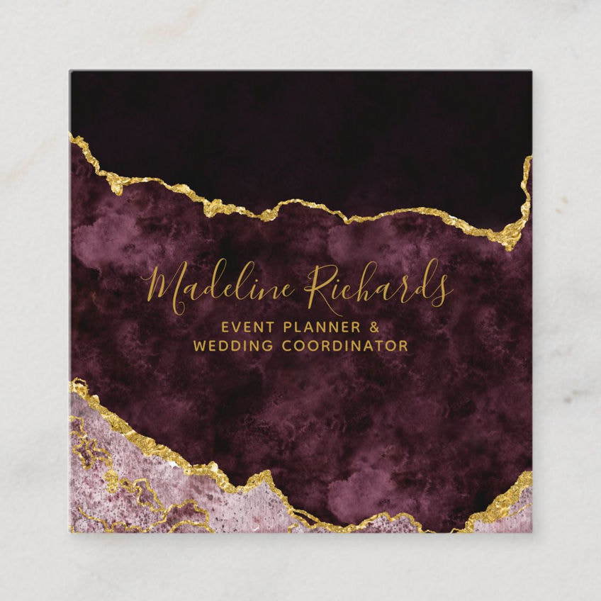 Burgundy and Gold Watercolor Marble Agate Gilded Square Business Cards