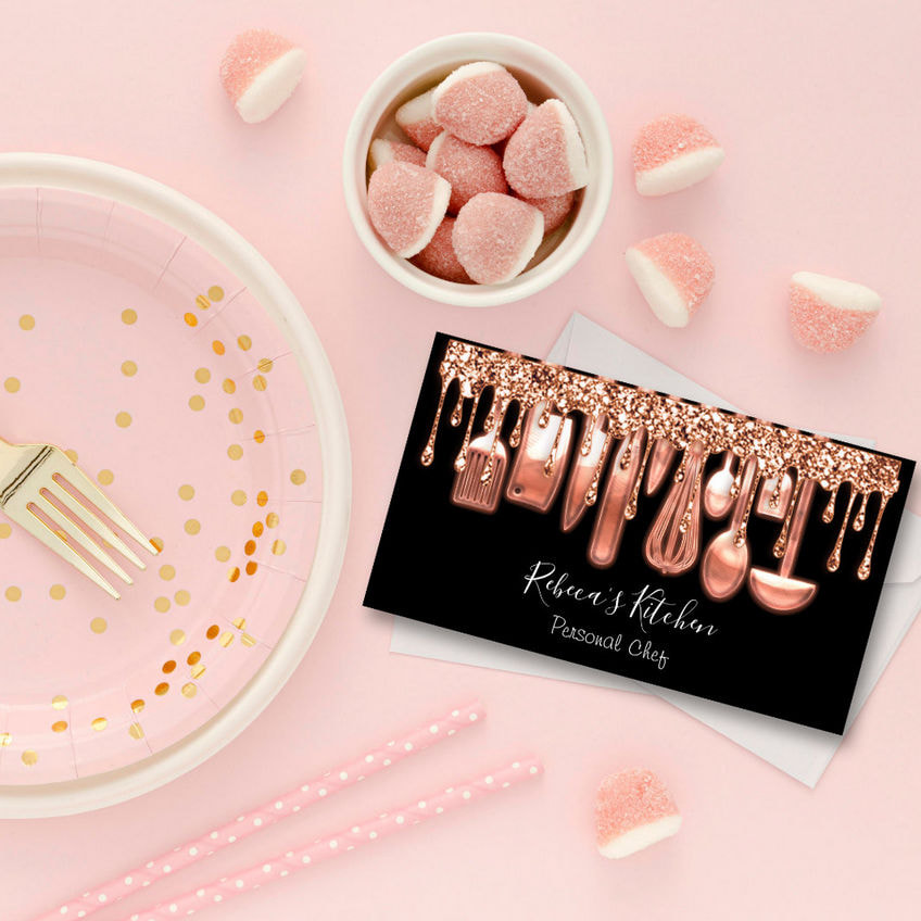 Luxury Rose Gold and Utensils on Black Personal Chef Business Cards