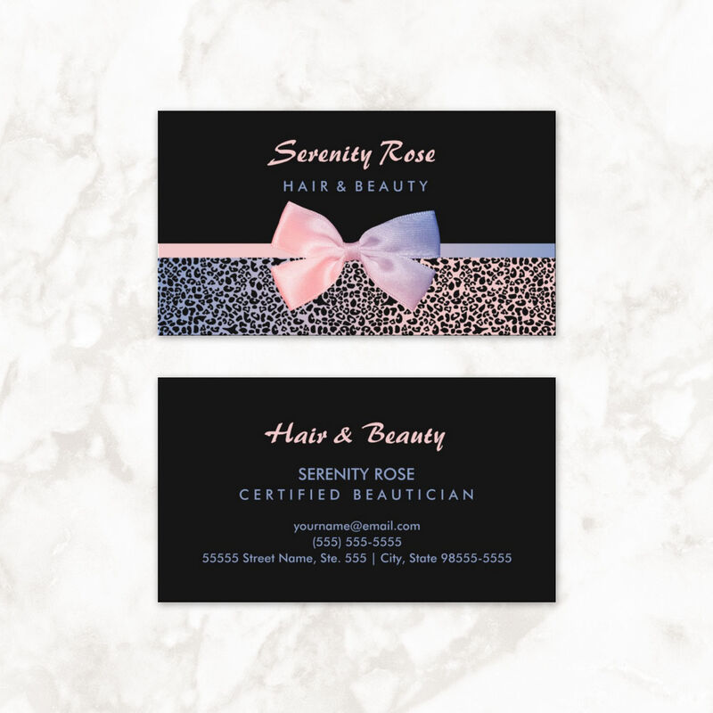 Chic Beautician Pink and Blue Leopard Print With Bow Business Cards