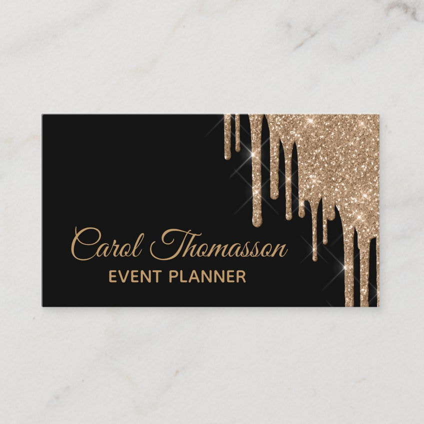 Luxury Black and Elegant Dripping Gold Glitter Paint Business Cards