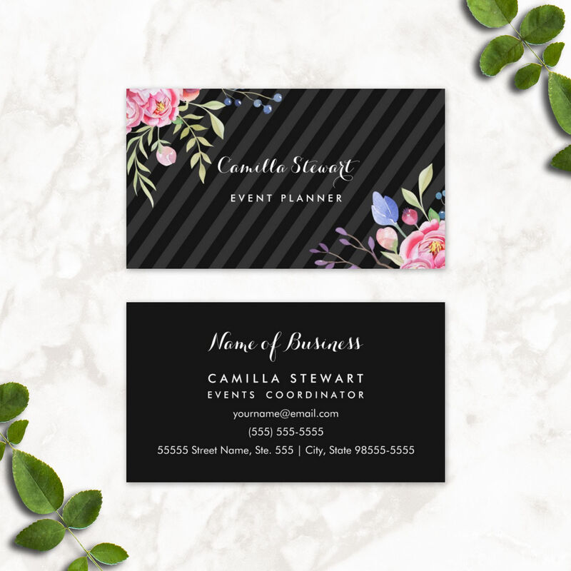 Chic Pink Peonies Floral Stripes Event Planner Business Cards