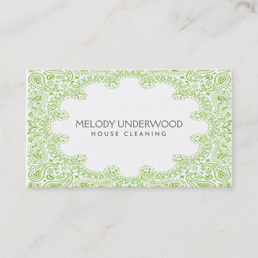 Classic Green Paisley Design for House Cleaner Maid Service Business Cards