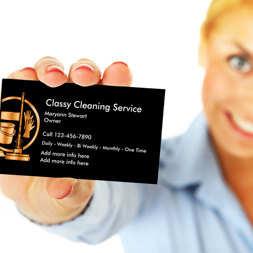 Classy Black and Gold Bucket and Gloves Logo Cleaning Service Business Cards