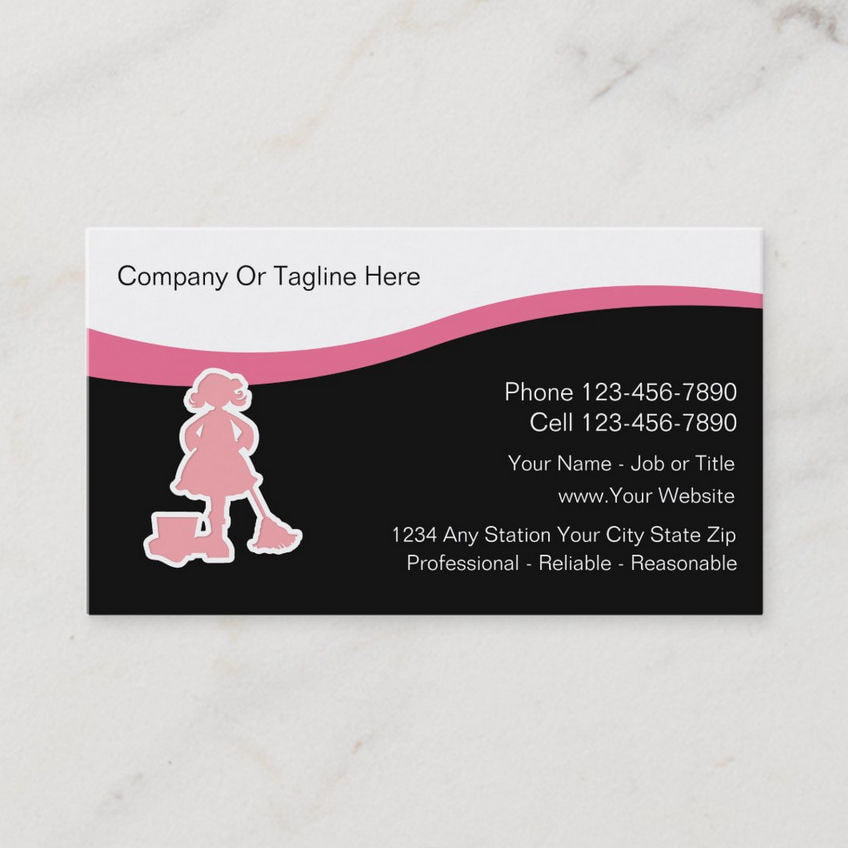 Modern Pink and Black Cute Girl Maid Cleaning Service Business Cards