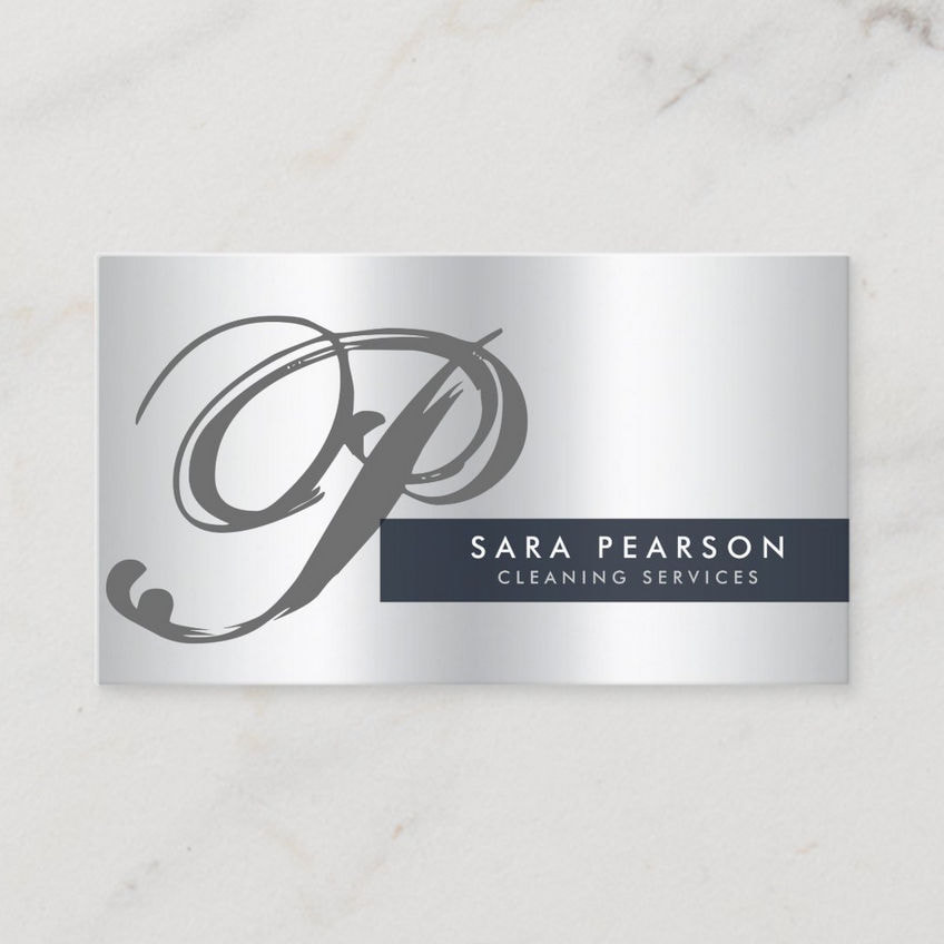 Professional Cleaning Services Elegant Silver Monogram Flourish Business Cards