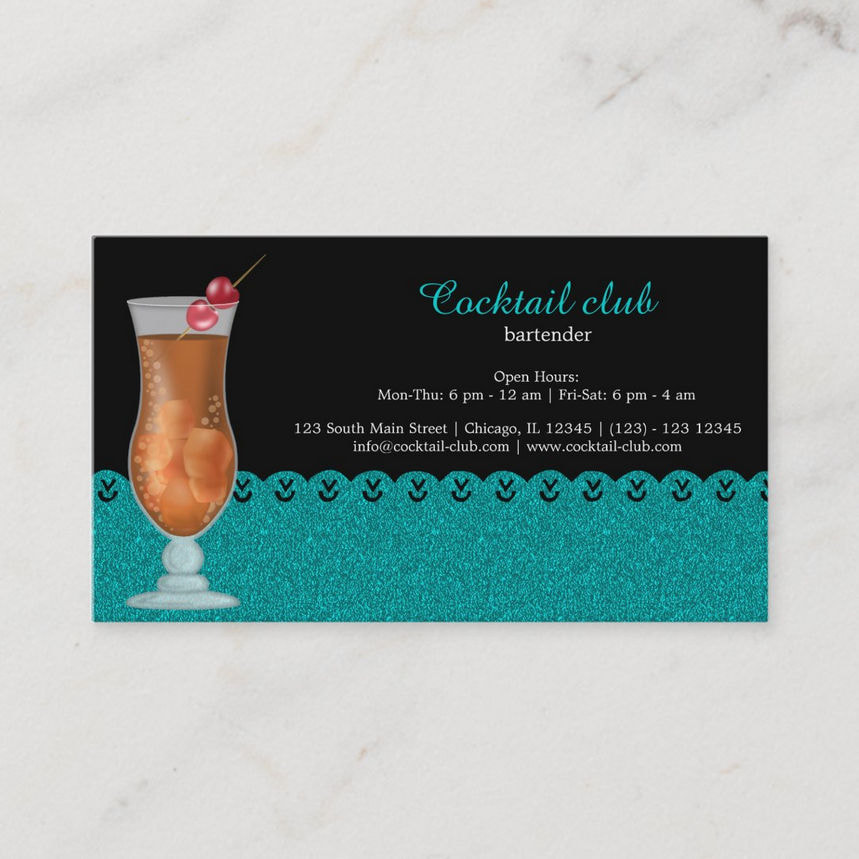 Stylish Teal Glitter Pattern Red Cherry Cocktail Bartender Business Cards