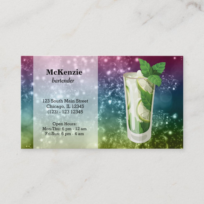 Glitzy Mint and Lime Sparkle Cocktail Licensed Bartender Business Cards
