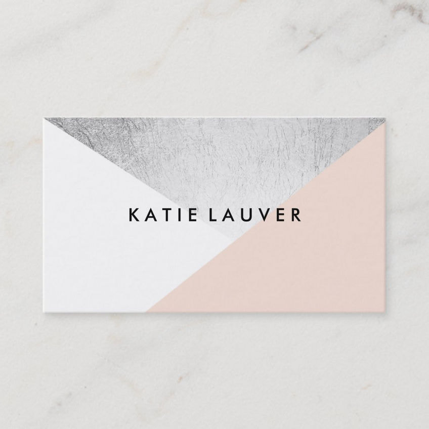 Coral White Modern Faux Silver Foil Color Block on Blush Pink Business Cards