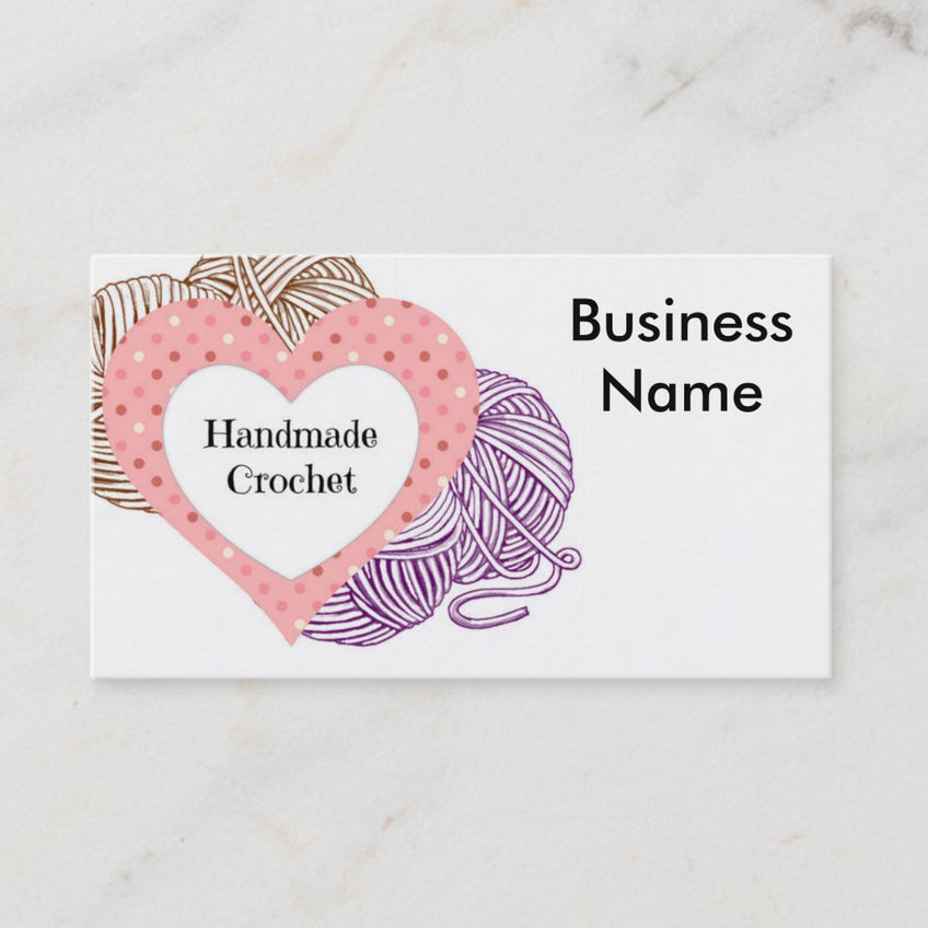 Girly Pink Heart and Purple Ball of Yarn Handmade Crochet Business Cards