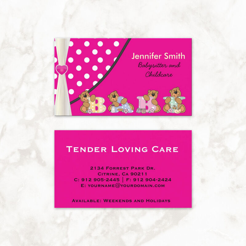 Cute Hot Pink Polka Dots Baby Bears Babysitter and Childcare Business Cards